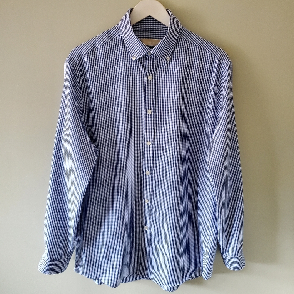 NWOT MICHAEL Michael Kors 16 Blue White Gingham Dress Shirt Old Money Executive